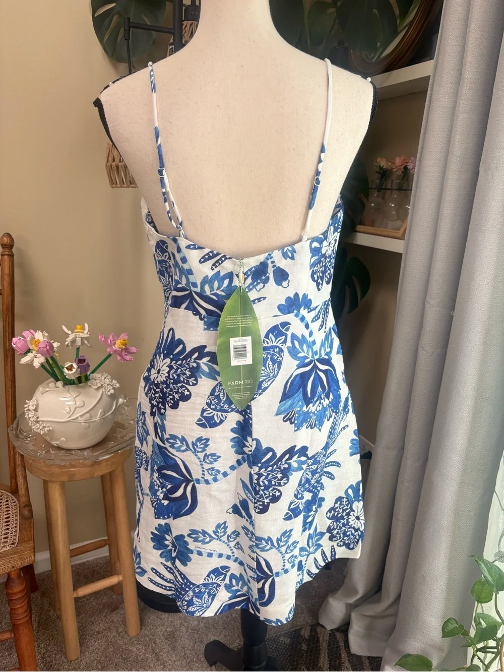 FARM Rio Blue and White Floral European Flax Linen Dress - Picture 7 of 10
